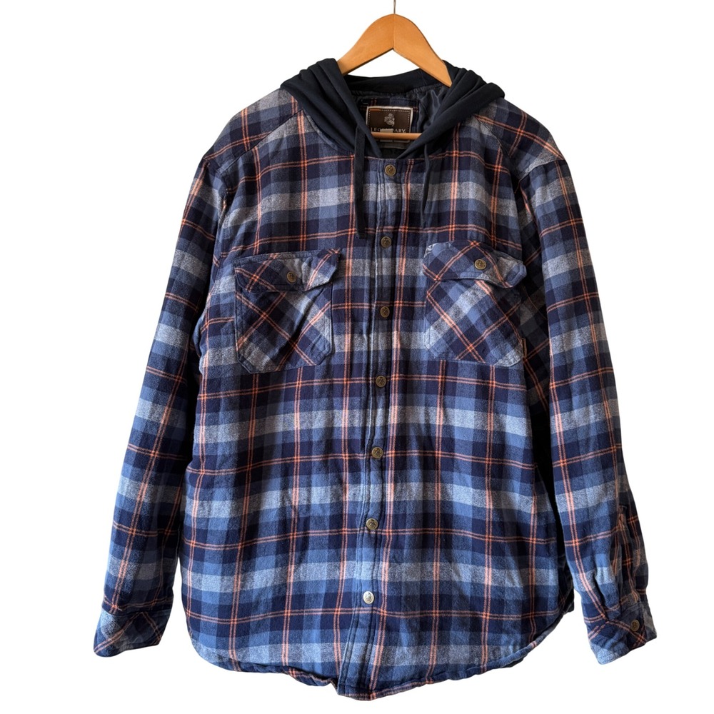 Legendary Outfitters Hooded Flannel Quilted Lined XXL Blue Plaid Shacket Jacket‎